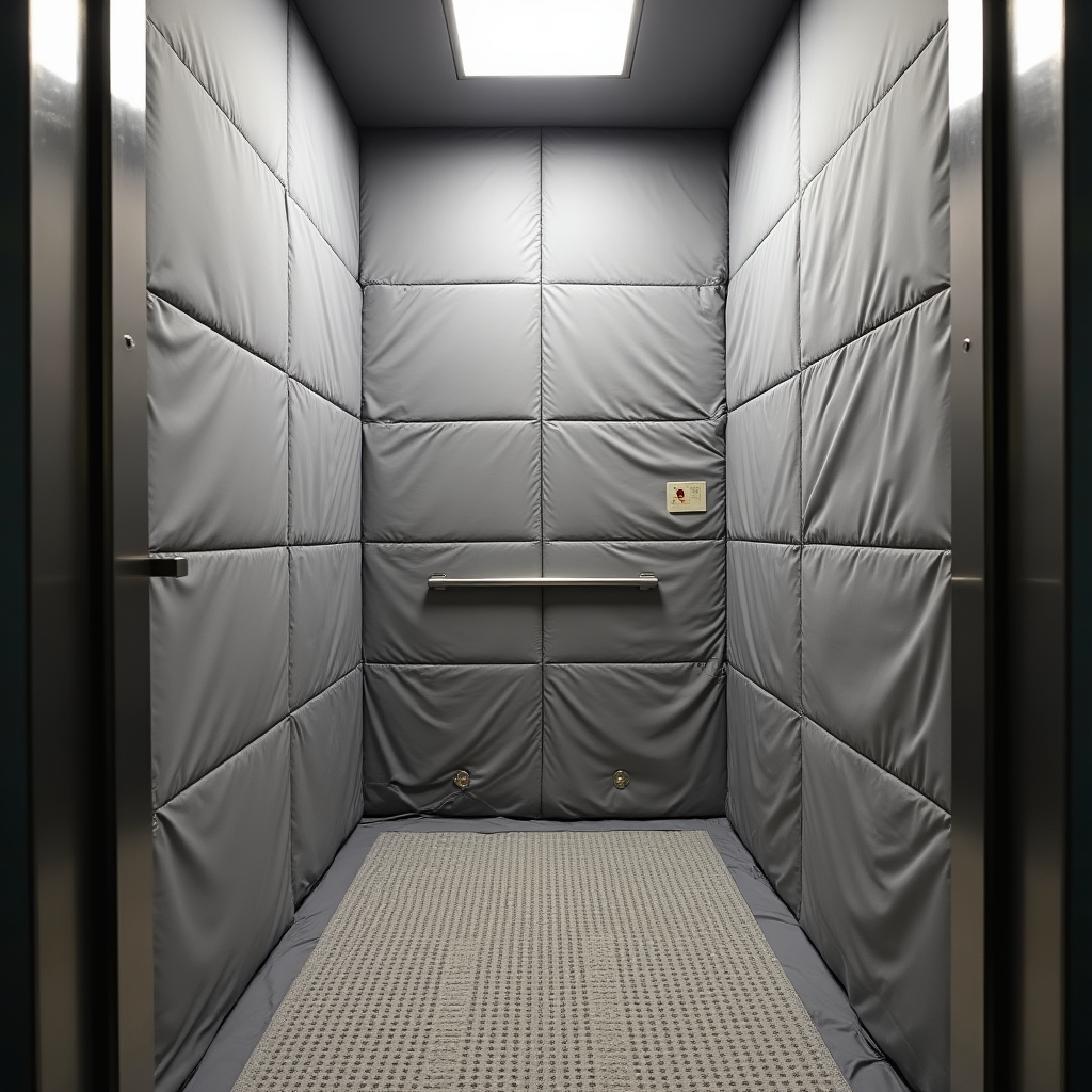Elevator interior completely protected with professional padding and floor runners before a high-rise move in Santiago