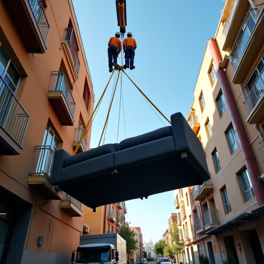 Large sofa being hoisted via specialized rigging equipment to a high-floor balcony in Santiago