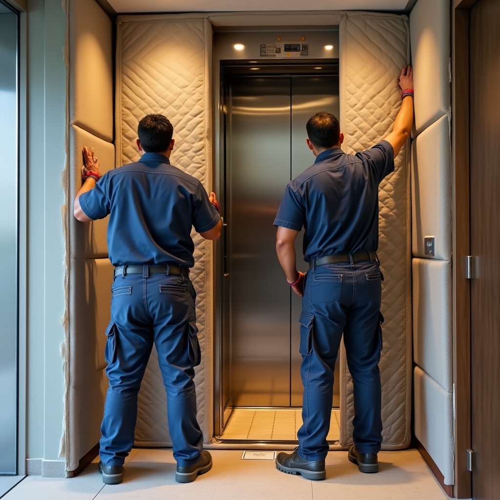 Moving team applying protective coverings inside a building elevator before a high-rise move