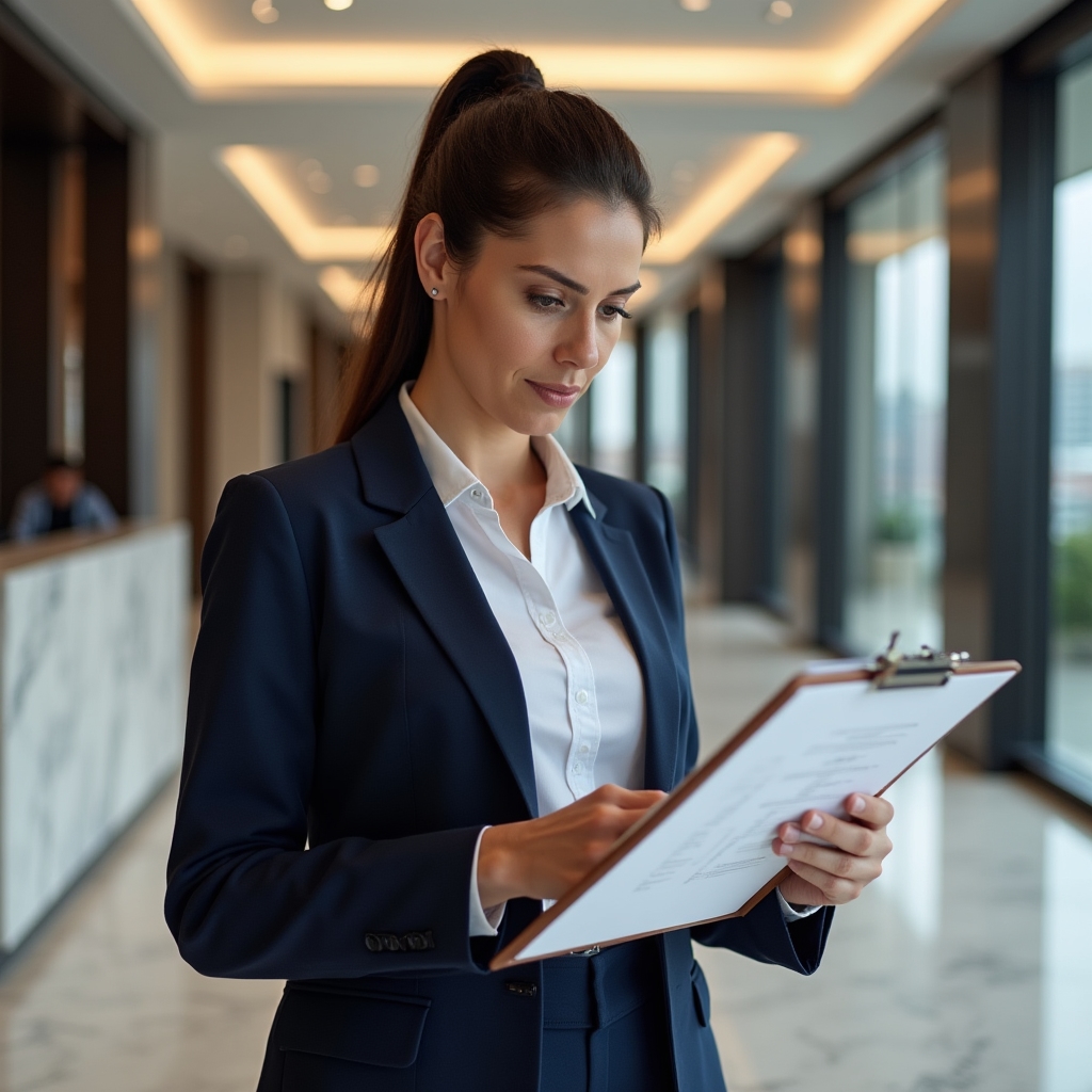 Move coordinator reviewing building regulations checklist in the lobby of a modern Santiago apartment tower