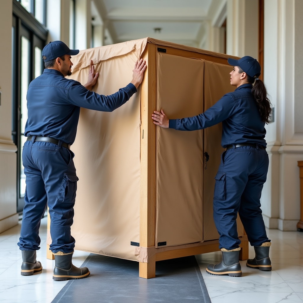 Professional moving crew carefully wrapping and protecting furniture before moving it through a building lobby